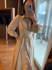 Ms 2129 Kendinden Bağlamalı Bej Gömlek Elbise