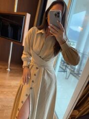 Ms 2129 Kendinden Bağlamalı Bej Gömlek Elbise