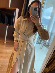 Ms 2129 Kendinden Bağlamalı Bej Gömlek Elbise