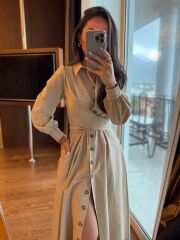 Ms 2129 Kendinden Bağlamalı Bej Gömlek Elbise