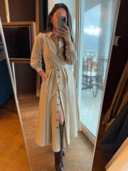 Ms 2129 Kendinden Bağlamalı Bej Gömlek Elbise