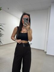 Fl 3663 Yüksel Bel Çift Kemerli Kahve Pantolon