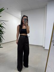 Fl 3663 Yüksel Bel Çift Kemerli Kahve Pantolon