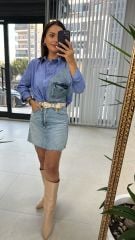Denim Detaylı Mavi Çizgili Gömlek