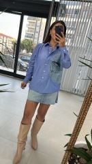 Denim Detaylı Mavi Çizgili Gömlek