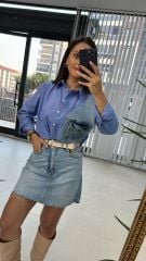 Denim Detaylı Mavi Çizgili Gömlek