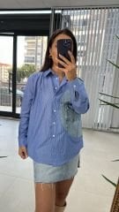 Denim Detaylı Mavi Çizgili Gömlek