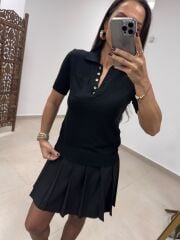 Po Siyah Polo Yaka Cep Detaylı Kısa Kol Triko Bluz