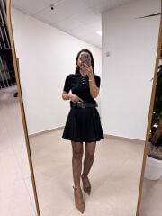 Po Siyah Polo Yaka Cep Detaylı Kısa Kol Triko Bluz