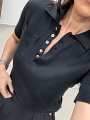 Po Siyah Polo Yaka Cep Detaylı Kısa Kol Triko Bluz