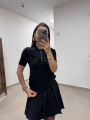 Po Siyah Polo Yaka Cep Detaylı Kısa Kol Triko Bluz
