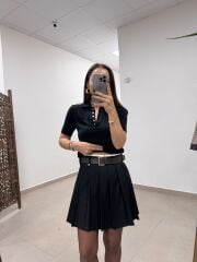 Po Siyah Polo Yaka Cep Detaylı Kısa Kol Triko Bluz