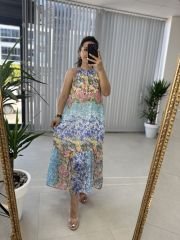 Halter yaka mavi geçişli şifon elbise