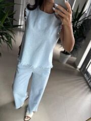 Ms 6161 Bebe Mavi Ham Keten püskül Detaylı Takım