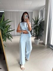 Ms 6161 Bebe Mavi Ham Keten püskül Detaylı Takım