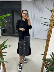 Dr Eteği Denim Detaylı Siyah Sweat Elbise