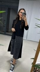 Dr Eteği Denim Detaylı Siyah Sweat Elbise