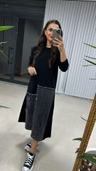Dr Eteği Denim Detaylı Siyah Sweat Elbise