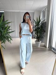 Ms 6161 Bebe Mavi Ham Keten püskül Detaylı Takım