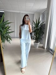 Ms 6161 Bebe Mavi Ham Keten püskül Detaylı Takım