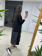 Dr Eteği Denim Detaylı Siyah Sweat Elbise