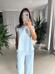 Ms 6161 Bebe Mavi Ham Keten püskül Detaylı Takım