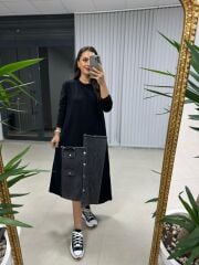 Dr Eteği Denim Detaylı Siyah Sweat Elbise