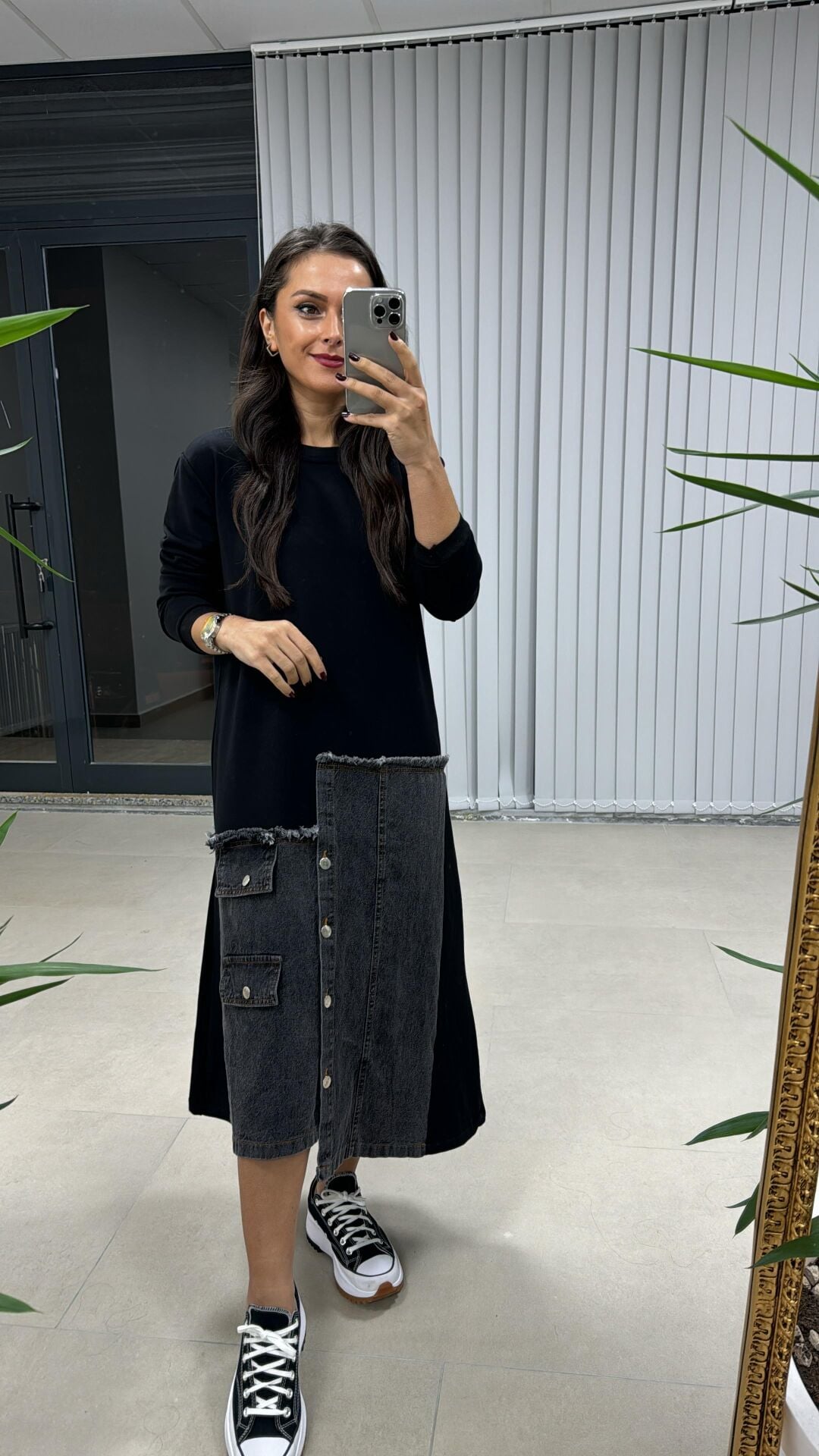 Dr Eteği Denim Detaylı Siyah Sweat Elbise