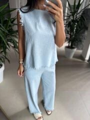 Ms 6161 Bebe Mavi Ham Keten püskül Detaylı Takım