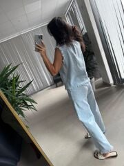 Ms 6161 Bebe Mavi Ham Keten püskül Detaylı Takım