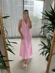 Ms Omuz Büzgülü V Yaka Pembe Elbise