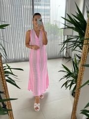 Ms Omuz Büzgülü V Yaka Pembe Elbise