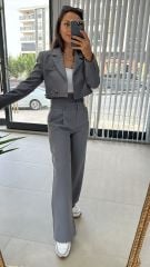 Çift Düğmeli Gri Palazzo Pantolon