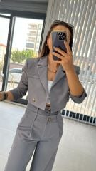 Çift Düğmeli Gri Palazzo Pantolon