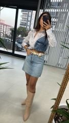 Denim Detaylı Antrasit Çizgili Gömlek