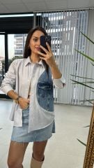 Denim Detaylı Antrasit Çizgili Gömlek