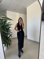 Bb 30481 Siyah Gold Düğmeli Süet Elbise
