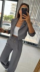 Çift Düğmeli Gri Palazzo Pantolon