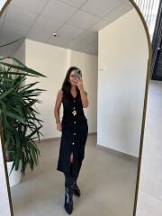 Bb 30481 Siyah Gold Düğmeli Süet Elbise