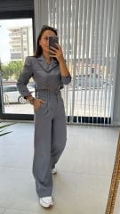 Çift Düğmeli Gri Palazzo Pantolon