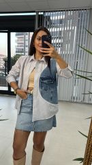 Denim Detaylı Antrasit Çizgili Gömlek