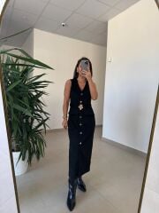 Bb 30481 Siyah Gold Düğmeli Süet Elbise