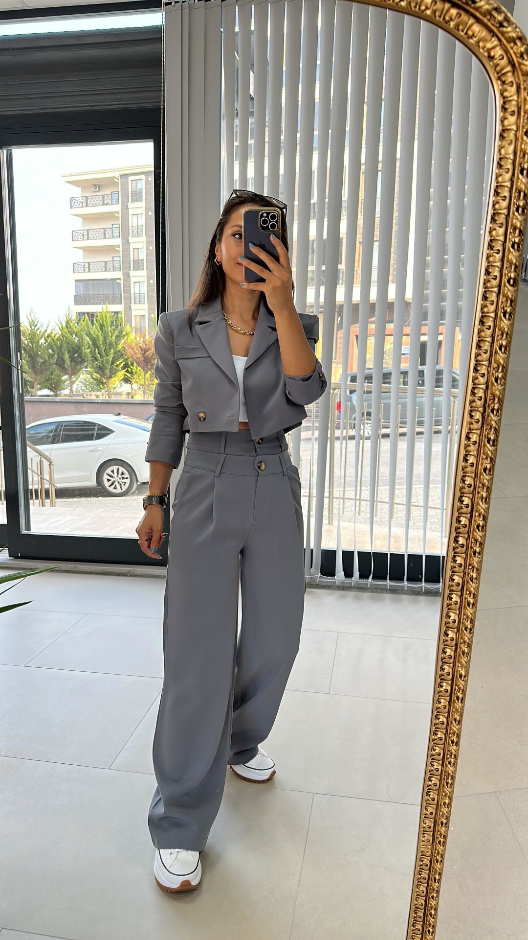 Çift Düğmeli Gri Palazzo Pantolon