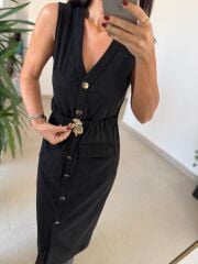 Bb 30481 Siyah Gold Düğmeli Süet Elbise