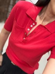 Po Kırmızı Polo Yaka Cep Detaylı Kısa Kol Triko Bluz