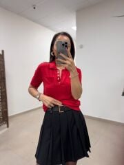 Po Kırmızı Polo Yaka Cep Detaylı Kısa Kol Triko Bluz