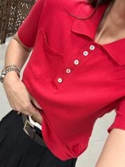 Po Kırmızı Polo Yaka Cep Detaylı Kısa Kol Triko Bluz