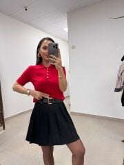 Po Kırmızı Polo Yaka Cep Detaylı Kısa Kol Triko Bluz