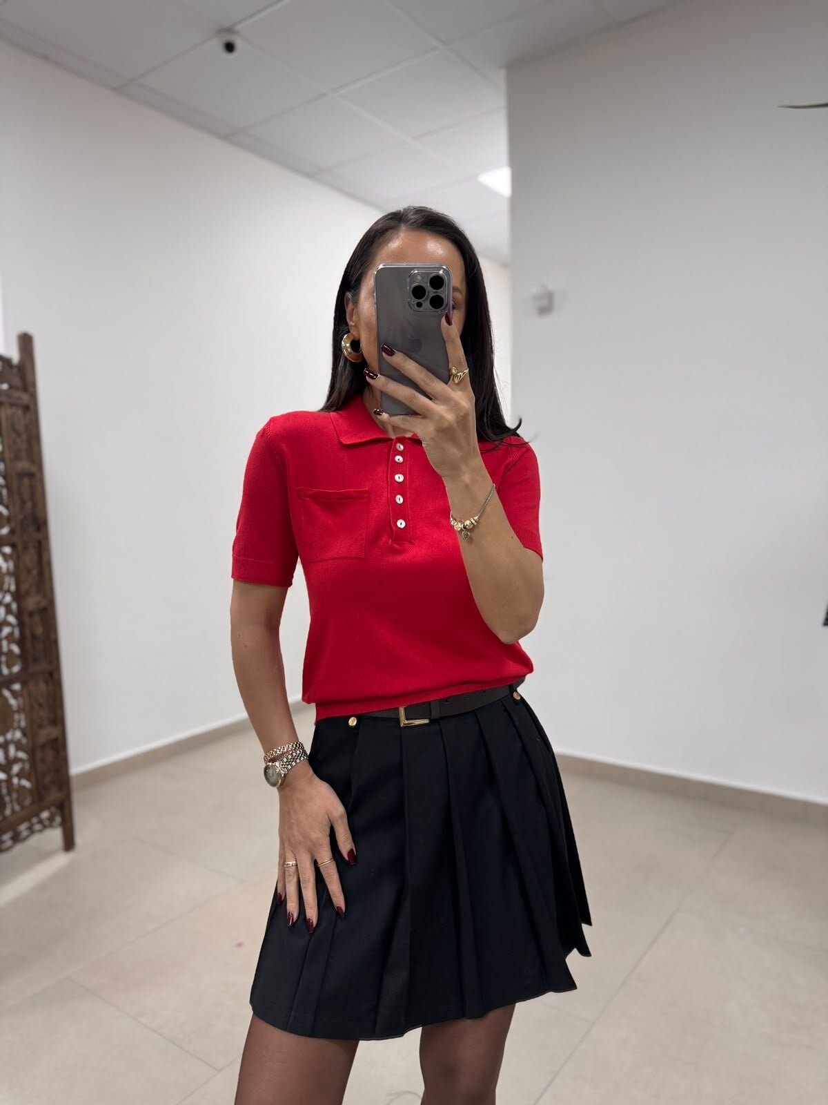 Po 2882 Kırmızı Polo Yaka Cep Detaylı Kısa Kol Triko Bluz
