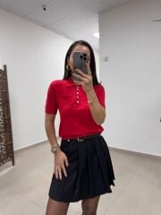 Po Kırmızı Polo Yaka Cep Detaylı Kısa Kol Triko Bluz